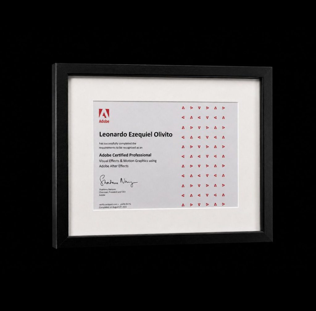 Certificato Adobe Certified Professional in Visual Effects & Motion Graphics con After Effects di Leonardo Ezequiel Olivito