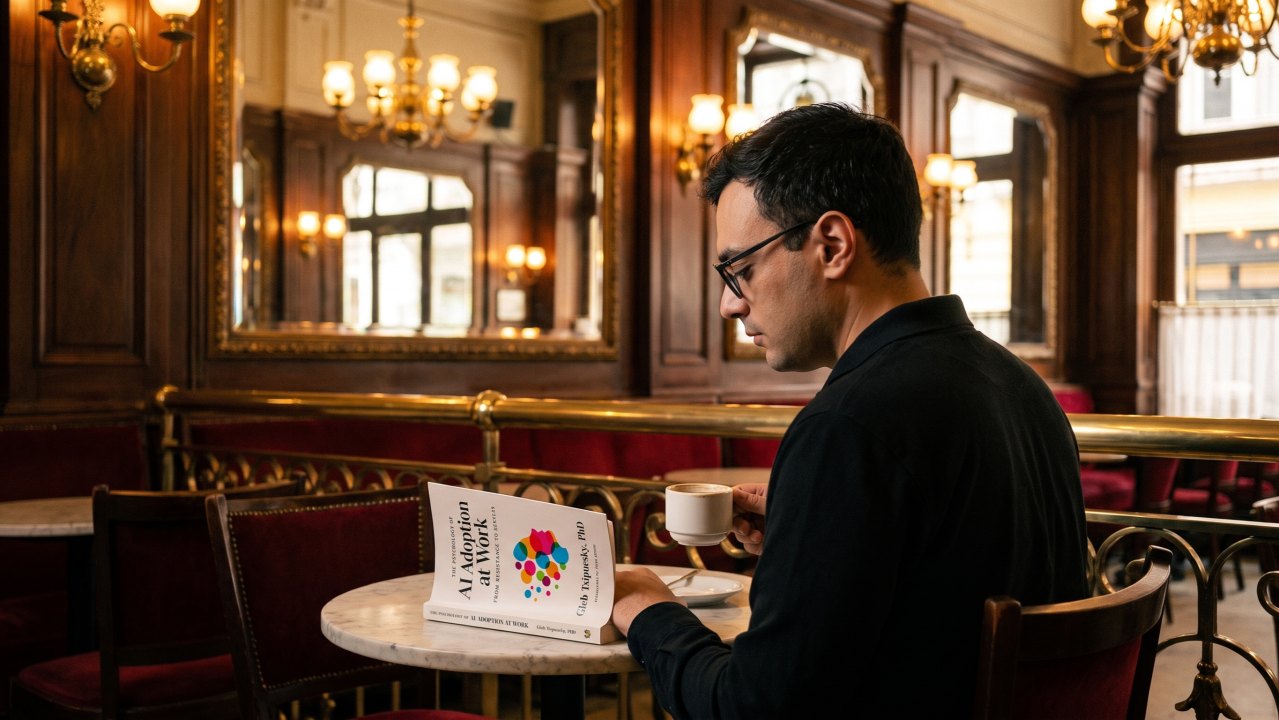 Uomo legge il libro The Psychology of AI Adoption at Work seduto al tavolino di un caffè storico