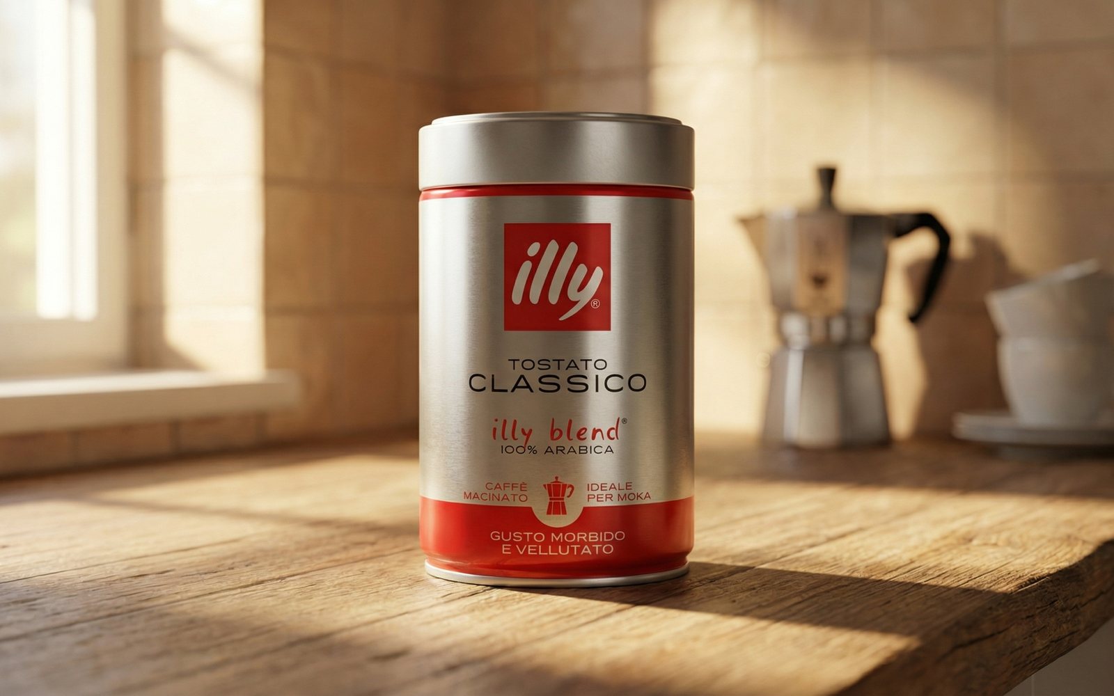 La stessa latta in una cucina al mattino con la moka