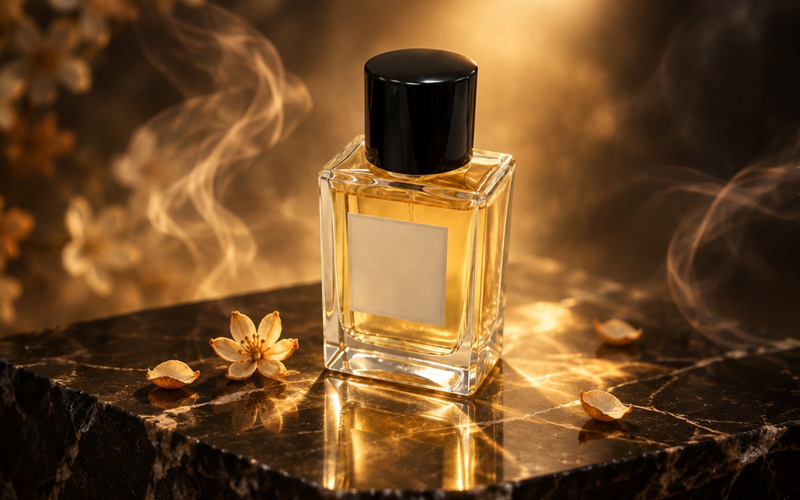 Flacone di profumo ambientato su marmo nero con luce dorata