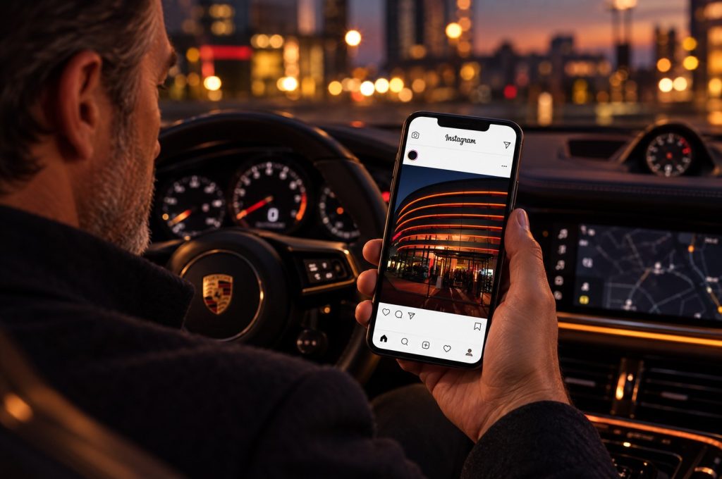 Post Instagram dell’inaugurazione del Centro Porsche Perugia visto su smartphone