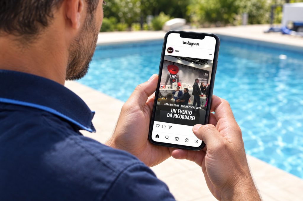 Post Instagram di LAPI Chimici sulla fiera ForumPiscine 2025 visto su smartphone