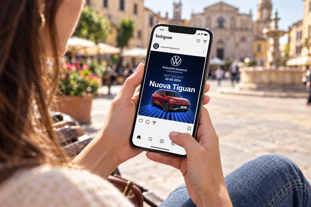 Invito all’evento Nuova Tiguan di Autocentri Giustozzi nel feed Instagram