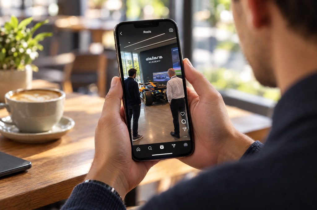 Reel Instagram dall’evento QNAP alla Dallara Academy visto su smartphone