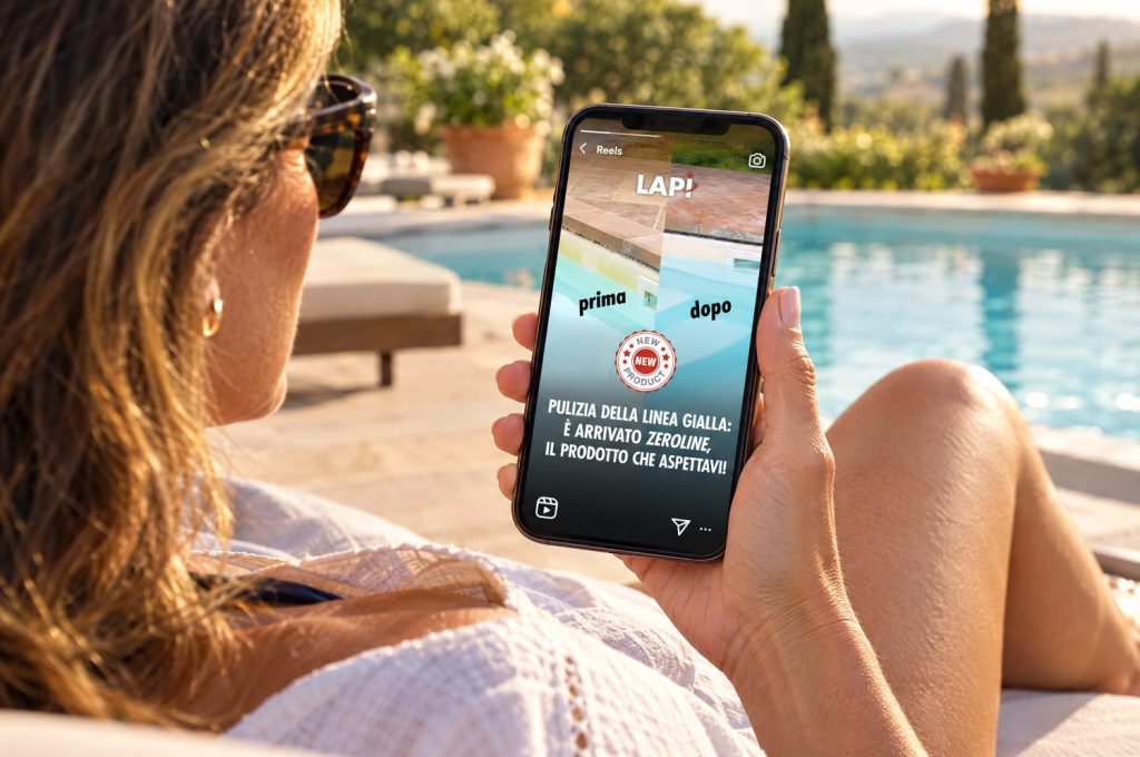 Reel Instagram di ZEROLINE con il prima e dopo, guardato su smartphone a bordo piscina