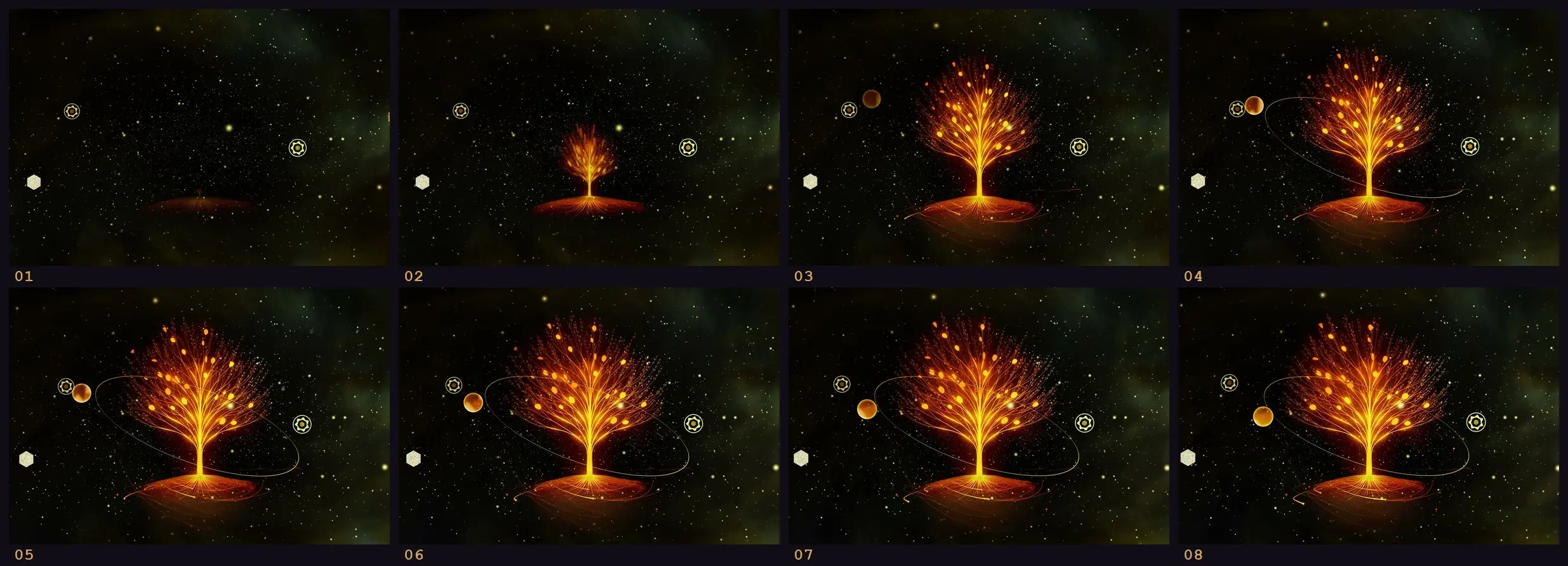 Otto fotogrammi consecutivi dell’albero d’oro che cresce nel video Caurum