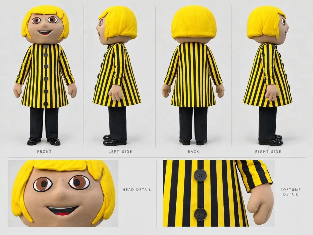 Character sheet della mascotte di Eurochocolate con cappotto a righe gialle e nere