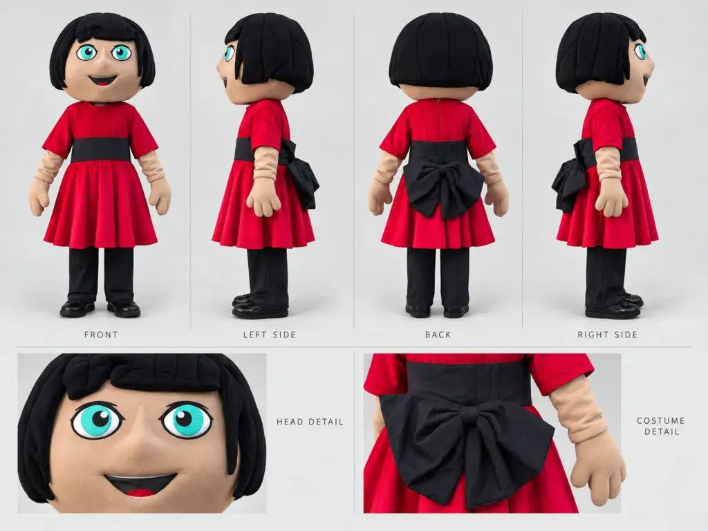 Character sheet della mascotte di Eurochocolate con vestito rosso
