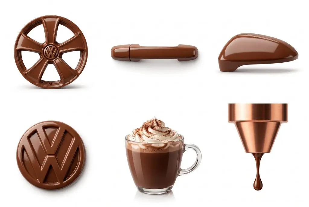Cerchio, maniglia, specchietto e logo Volkswagen di cioccolato su fondo bianco