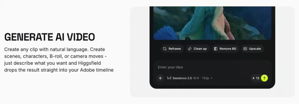 Il pannello Higgsfield per generare video con un prompt dentro After Effects