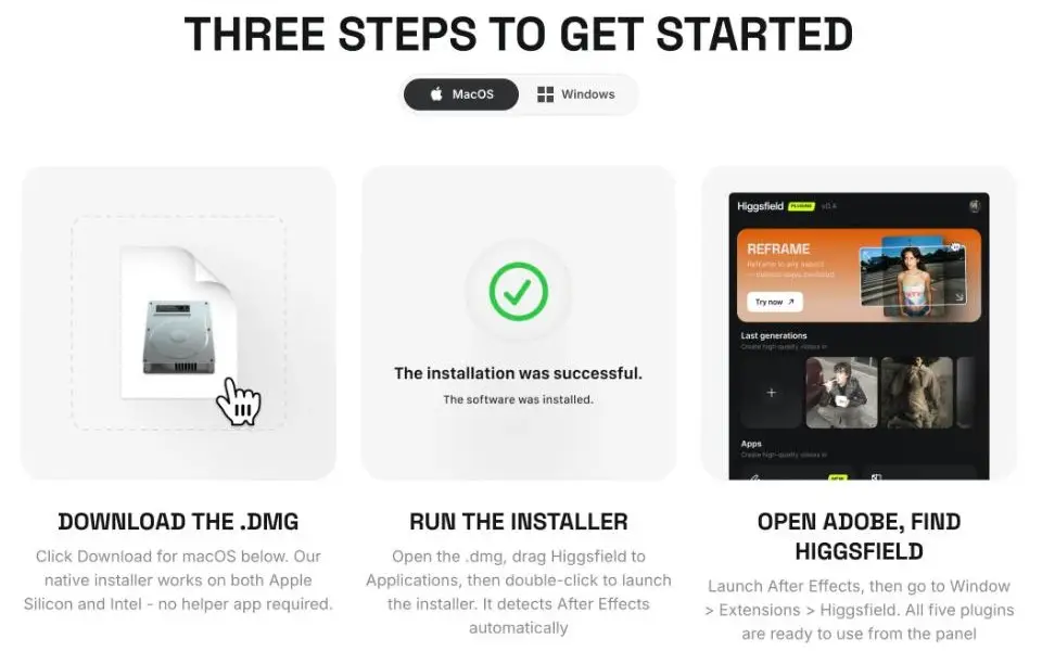 I tre passaggi per installare il plugin Higgsfield per After Effects su Mac