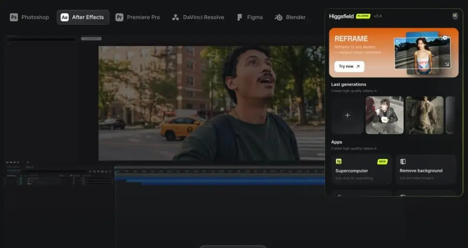 Il pannello del plugin Higgsfield aperto dentro Adobe After Effects