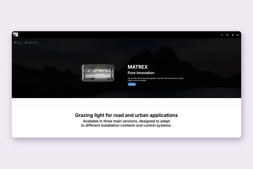 La pagina prodotto MATREX sul sito di AEC Illuminazione