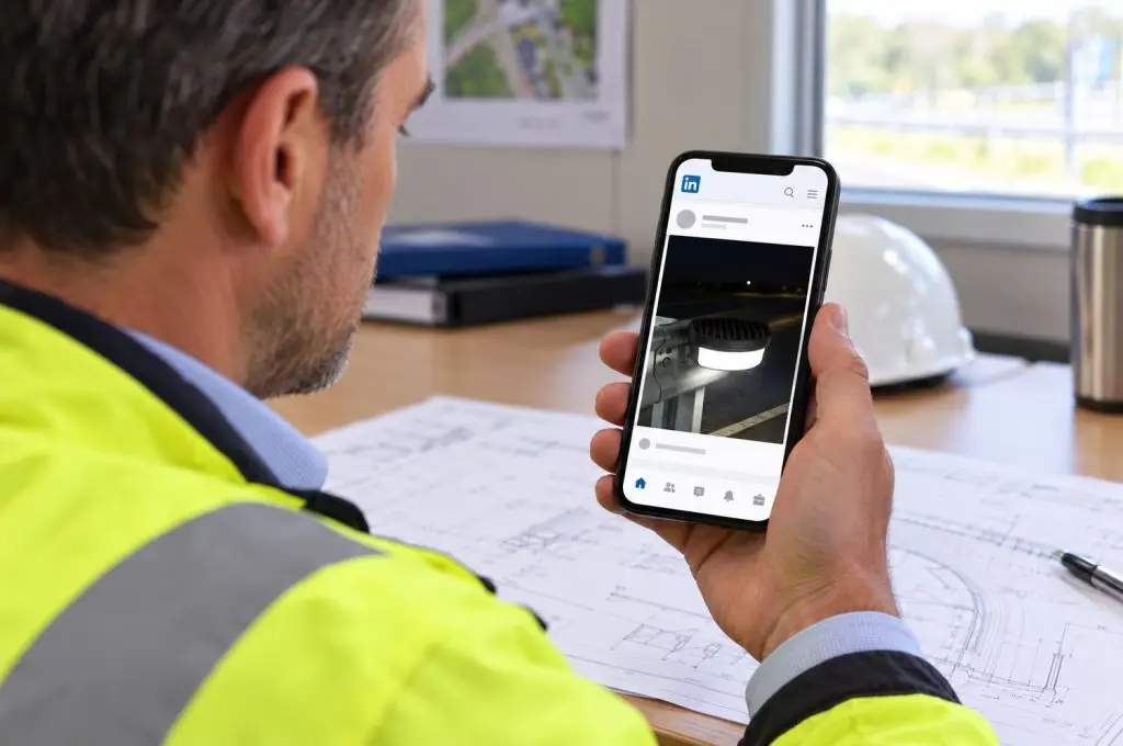 Post social sul lancio di MATREX di AEC Illuminazione visto su smartphone