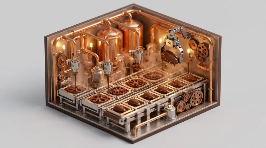Modellino del set della fabbrica di cioccolato con stampi per cerchi e maniglie Volkswagen
