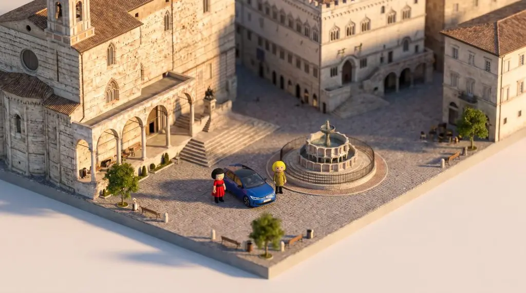 Modellino del set di Piazza IV Novembre a Perugia con la ID. Polo e le mascotte