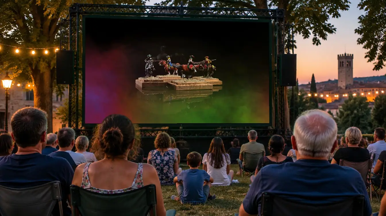 Simulazione: famiglie al parco guardano la sigla della Giostra del Saracino sul maxischermo