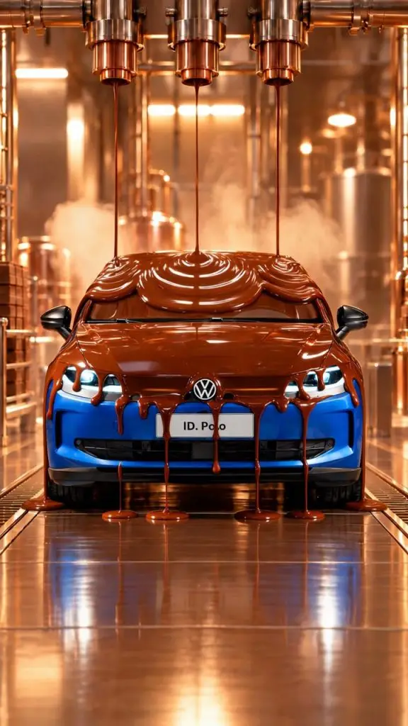 La Nuova ID. Polo blu ricoperta di cioccolato fuso nella fabbrica