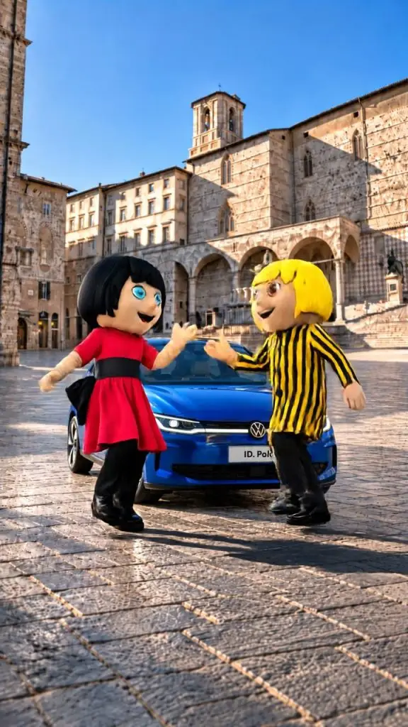 Le mascotte di Eurochocolate accanto alla Nuova ID. Polo in Piazza IV Novembre a Perugia