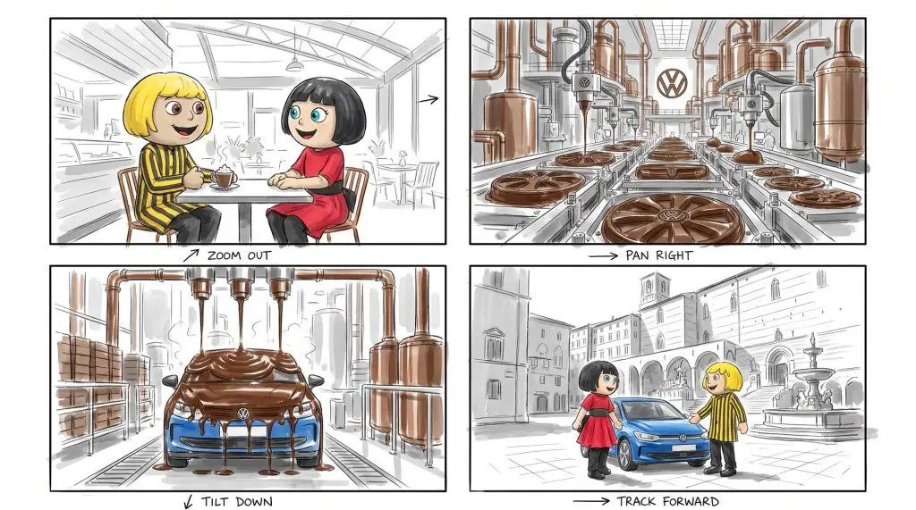 Storyboard a matita delle quattro scene del reel della Nuova ID. Polo per Eurochocolate
